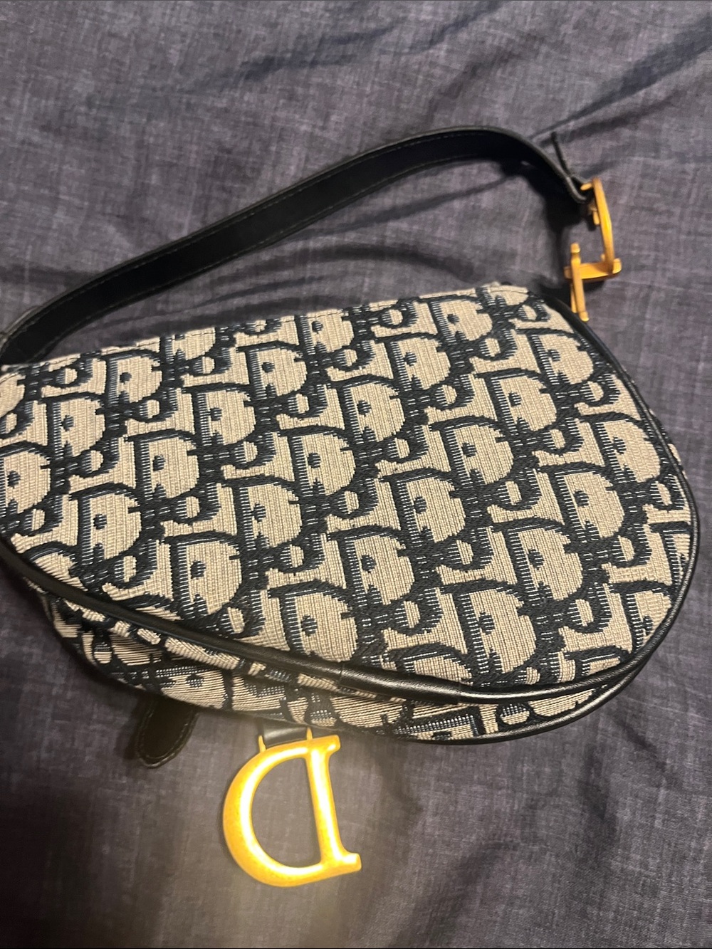 Saddle Shoulder Bag in Navy and Cream with Black Trim - Picture 5 of 9